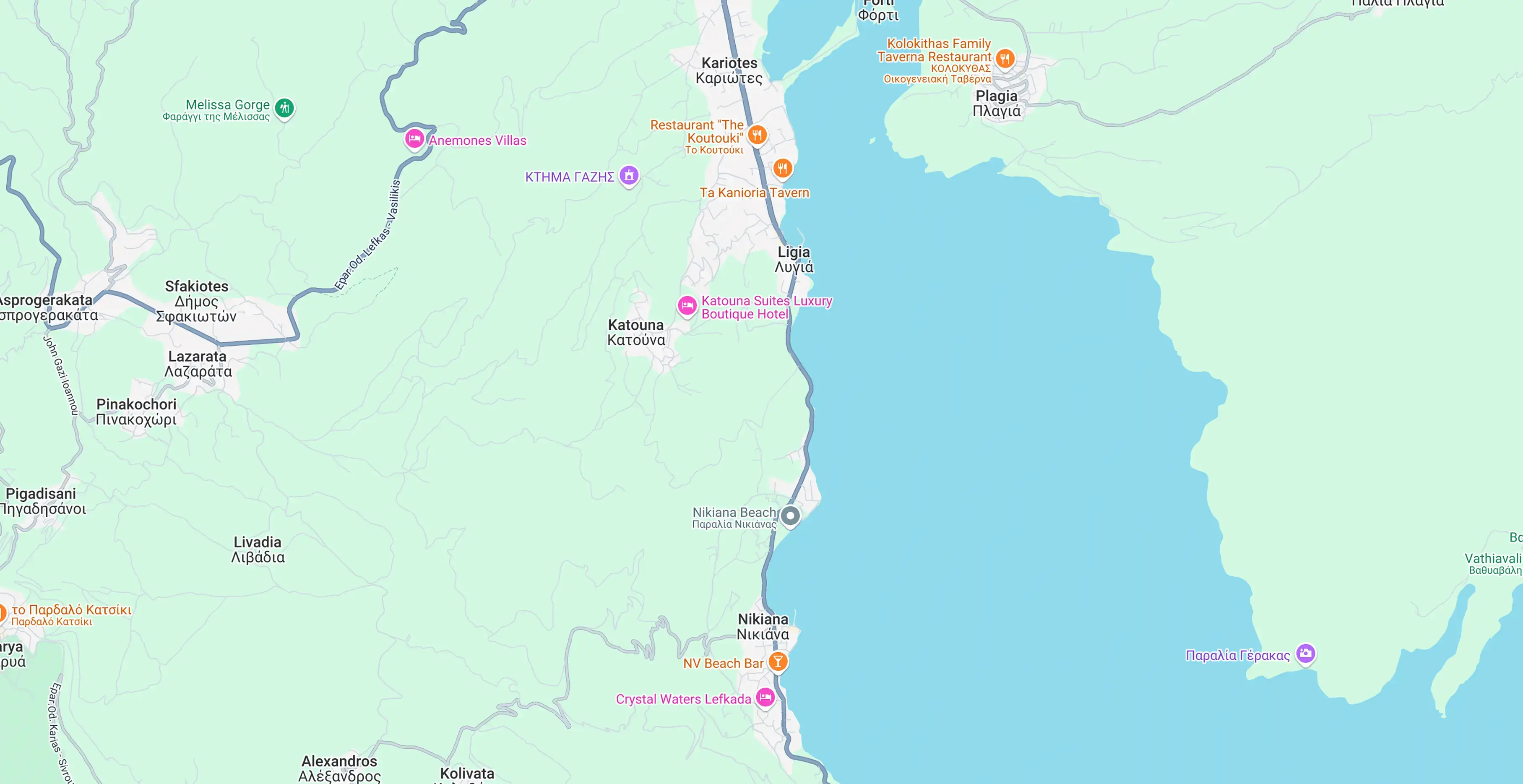 Map showing Aspasia's Mansion location in Lygia, Lefkada